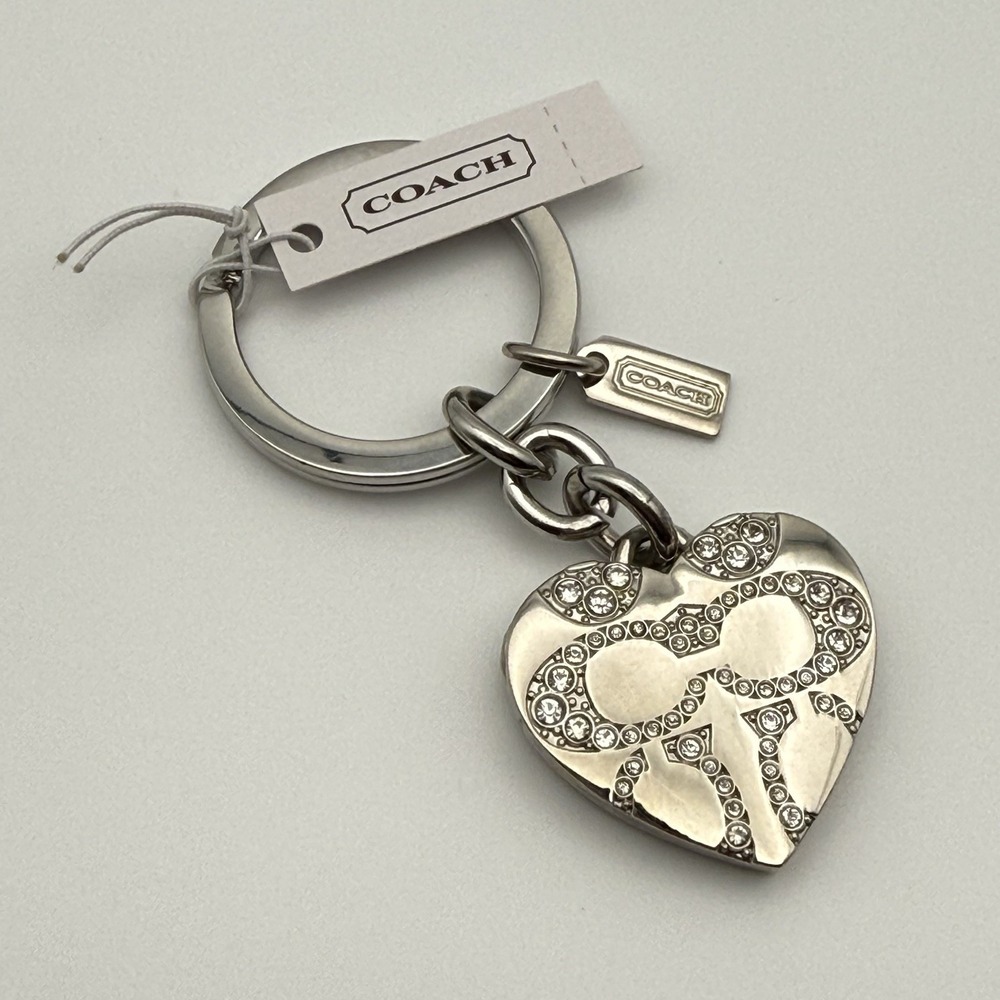 COACH Pave Crystal Signature C Heart Locket Keychain Silver Fob F92416